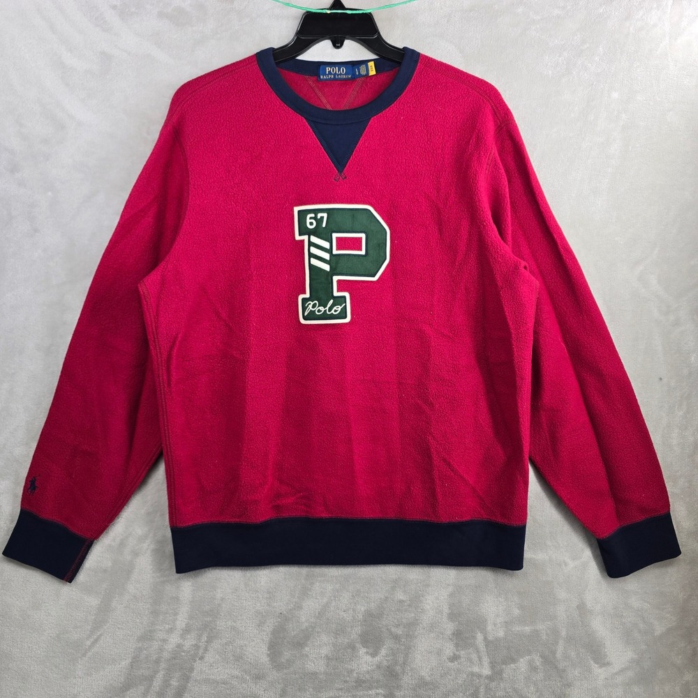 Polo Ralph Lauren Large PILE FLEECE LETTERMAN SWEATSHIRT‎ HOLIDAY RED/CRUISE